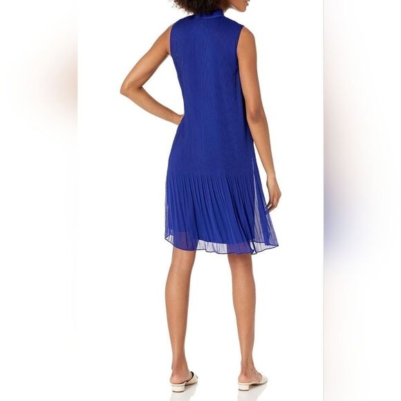 DKNY Blue Stretch Pleated Sleeveless Tie Neck Short Evening Shift Dress Womens S - Picture 2 of 13